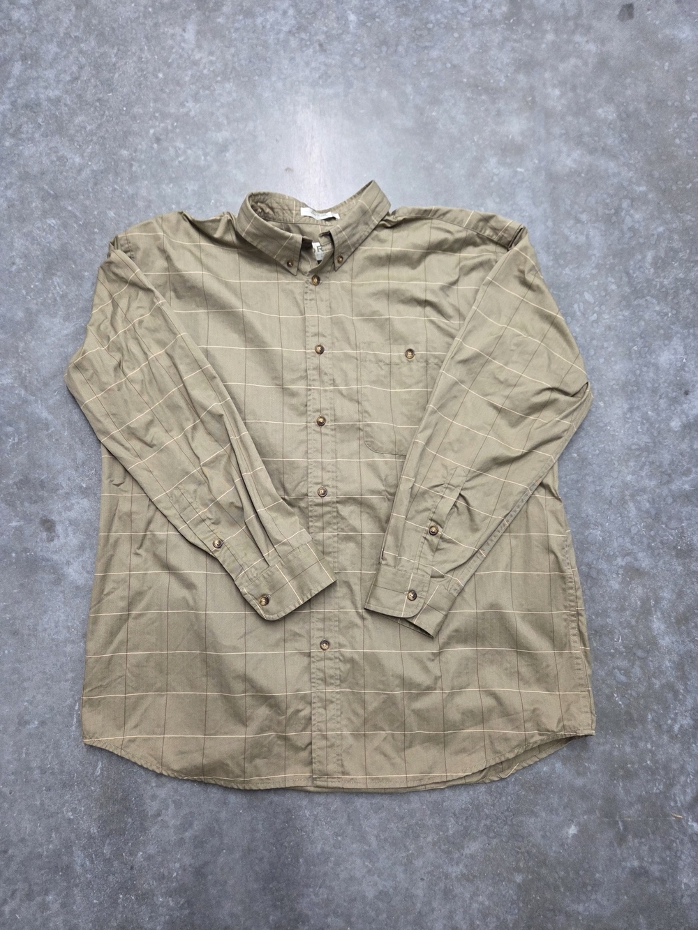 Orvis Khaki Windowpane Button-Up 100% Cotton Shirt Size XL